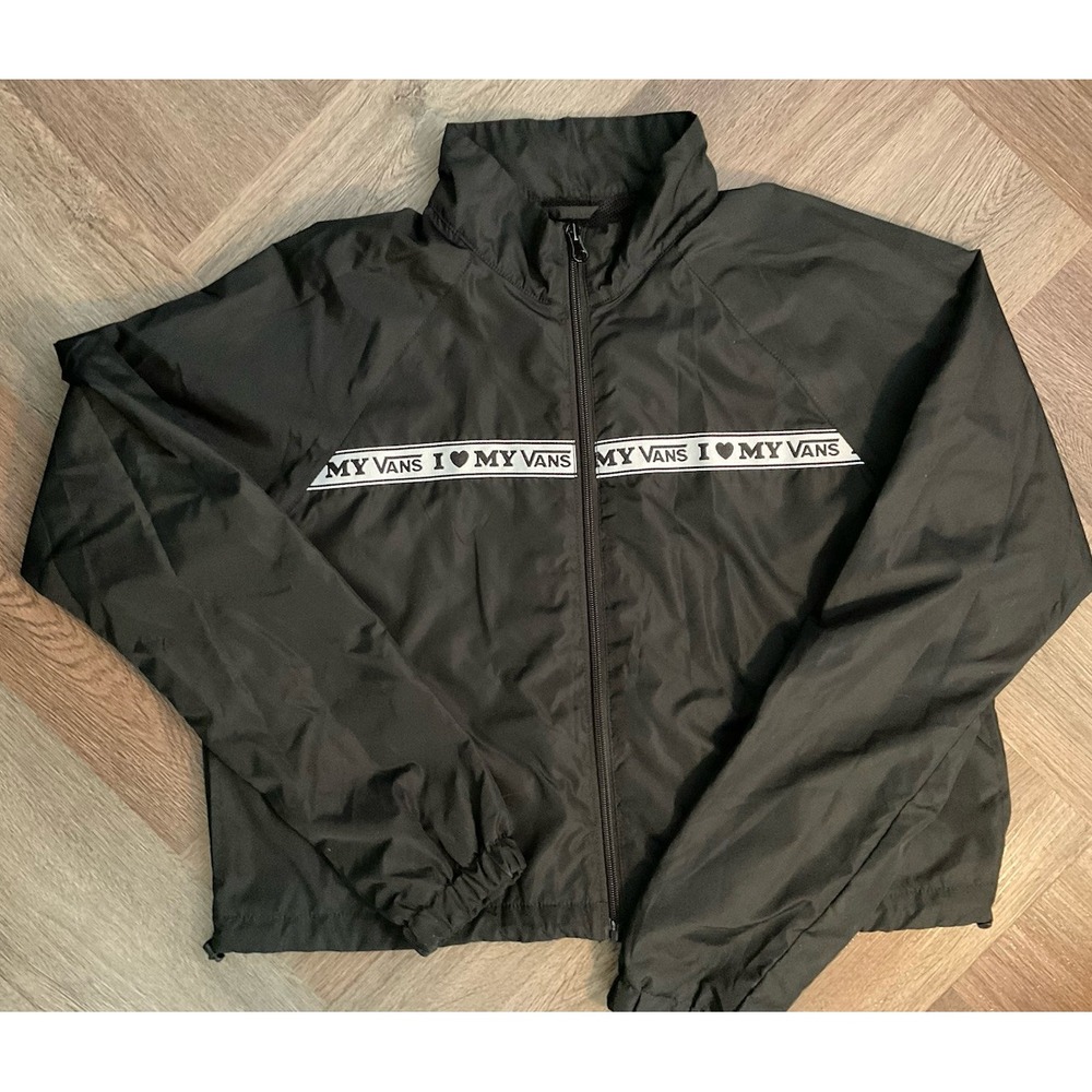 Vans Logo Crop Full Zip Adjustable Skater Windbreaker Jacket Womens Small Black